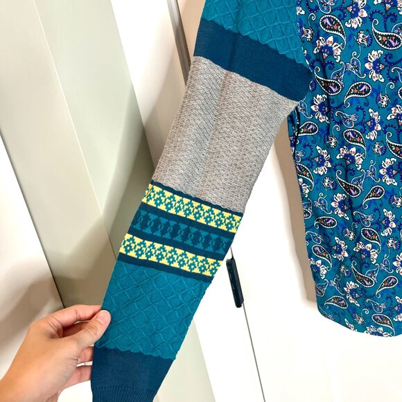 Sundance Sharrar Teal Paisley Contrast Cuff Mixed Print Knit Top Size Medium - Picture 5 of 7